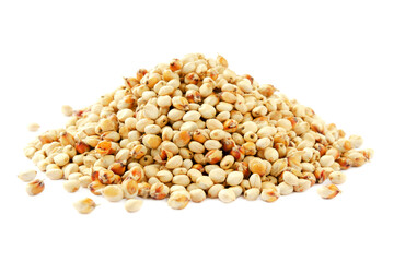 Sorghum seeds isolated on white background. Sorghum Moench on a white background. Sorghum seeds heap isolated on white background. Whole seeds of sorghum, millet, sugar sorghum, feed.
