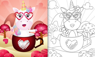 coloring book for kids with a cute unicorn in the cup themed valentine day