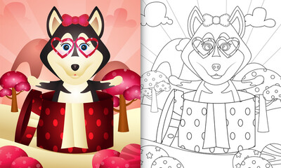 coloring book for kids with a cute husky dog in the gift box themed valentine day