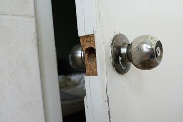 Broken home doors after a burglary. Home insurance concept.