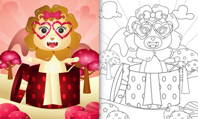 coloring book for kids with a cute lion in the gift box themed valentine day