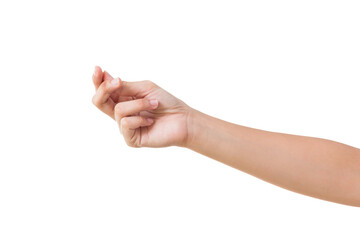 Woman hand holding some like a blank card isolated on a white background. manicured hand