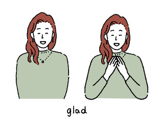 若い女性　シンプルなタッチの笑顔の人物とポーズのセット