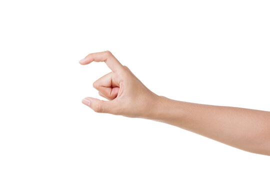 Female manicured hand measuring invisible items, woman's palm making gesture while showing small amount of something on white isolated background, side view, close-up, cutout, copy space