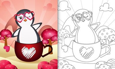 coloring book for kids with a cute penguin in the cup themed valentine day