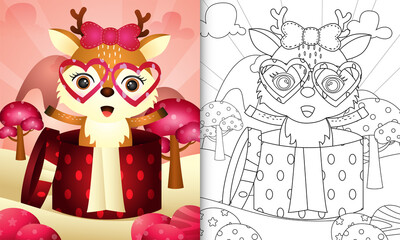 coloring book for kids with a cute deer in the gift box themed valentine day