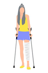 A beautiful girl with long hair in a yellow T-shirt and blue shorts with a cast on her leg and crutches in her hands. Disability concept, physical injury. Broken leg, trauma