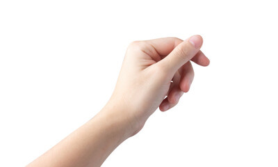 Female hand holding a virtual card with your fingers on a white background isolated