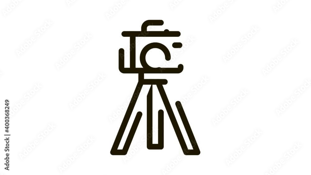 Poster video camera with tripod icon animation. black video camera with tripod animated icon on white backg