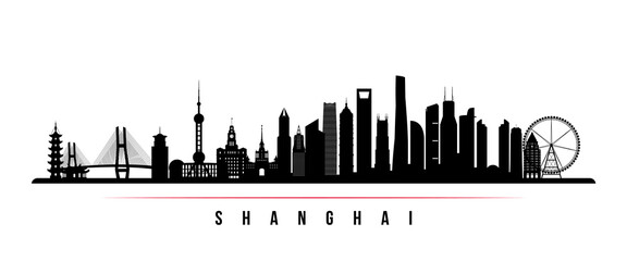 Shanghai skyline horizontal banner. Black and white silhouette of Shanghai City, China. Vector template for your design.