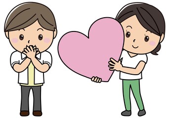 男女01_02（大きなハートを手渡す女の子と男の子）