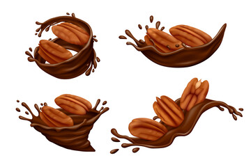 Pecan nuts in chocolate splashes with drops isolated on white background. Realistic vector illustration. - obrazy, fototapety, plakaty