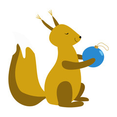 Vector illustration of cute squirrel holding a xmas ball. Festive decoration for Christmas. Festive decoration for Christmas, birthday party, for coloring print, invitation carts, postcard, prints
