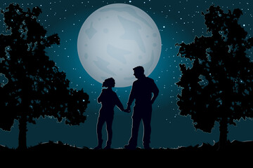 Couple walking together holding hands under the moonlight and starry sky. Valentines Day. Happy Lovers. Romantic silhouette of loving couple in Valentines night. Man and woman in night scene. Vector