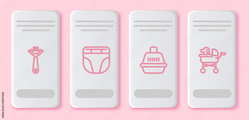 Sticker Set line Hair brush for dog and cat, Diaper, Pet carry case and stroller. White rectangle button. Vector.