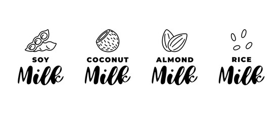 Soy, almond, coconut and rice milk logo set. Packaging linear badge design element set. Hand drawn healthy vegan drinks isolated logotype collection vector illustration