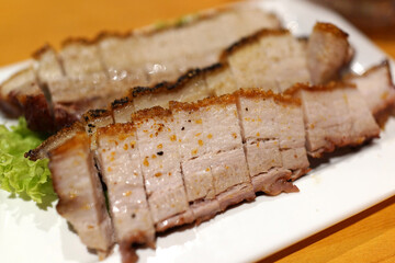 Close up a Plate of crispy Roast Pork Belly, Chinese cuisine