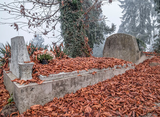 Grave in a cemetery covered with red orange leaves on a misty morning.