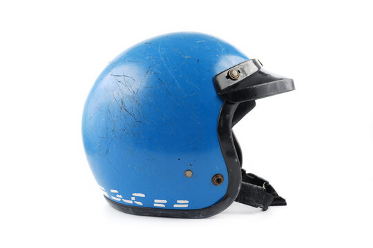 Blue motorbike helmet isolated on white background