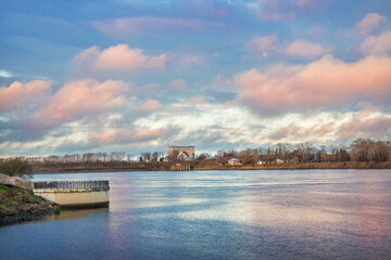 Pink sky over the Volga river in Uglich
