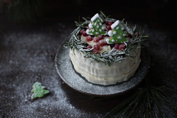 Obraz na płótnie Canvas Winter cake with spruce-shaped gingerbread sprinkled with powdered sugar