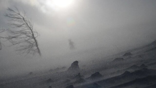 snow storm in mountains, epic strong wind in polar region in winter, arctic weather. blowing wind and powder snow. beautiful nature background, strong wind, ecology