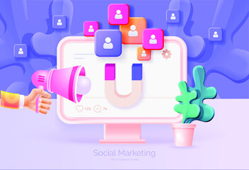 Digital social marketing. Computer with social network interface. Hand holds a megaphone. Search and attraction of target audience, new subscribers. Social network promotion. Vector illustration 3D 