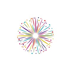 Decorative colorful fireworks explosions isolated on white background. New Year's Eve fireworks. Festive sparks and explosions. Vector illustration