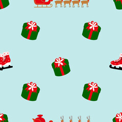 Christmas seamless pattern with gifts, reindeer and santa's sleigh on a light blue background. Design for textiles, gift-wrapping, Wallpaper, greeting cards and paper.
