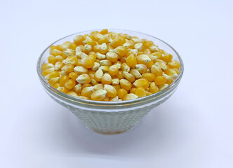 Corn kernels, Falling Corns Seeds, Yellow dry corn grains isolated on white background