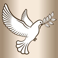 White dove flying with an olive branch. Bird symbol of peace. Vector illustration.