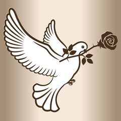White dove flying with a rose flower. Post pigeon. Vector illustration.
