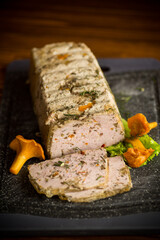 homemade sausage from minced meat with mushrooms and vegetables inside