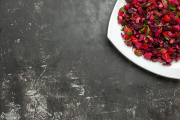 top view tasty vinaigrette salad with beets and beans on grey background meal food photo