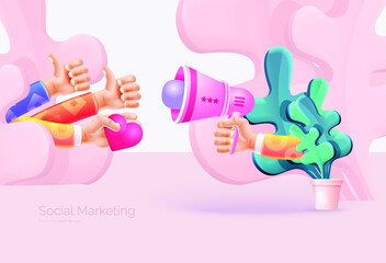 Digital Marketing. Hand holds a megaphone on a pink background. Impact on social groups. Social networks. Vector illustration 3D style.