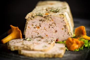 homemade sausage from minced meat with mushrooms and vegetables inside