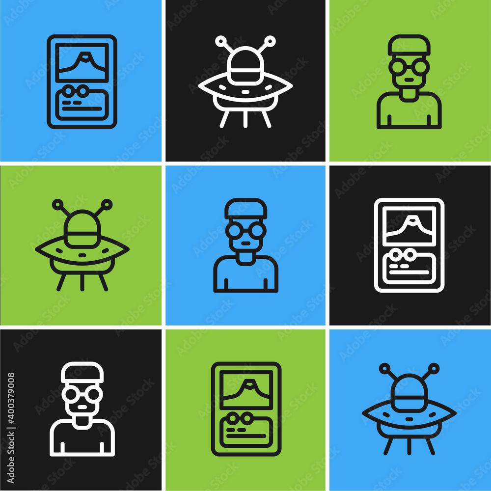 Poster set line card game, nerd geek and ufo flying spaceship icon. vector.