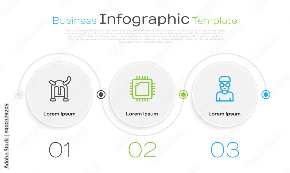 Poster set line viking in horned helmet, processor with cpu and nerd geek. business infographic template. v