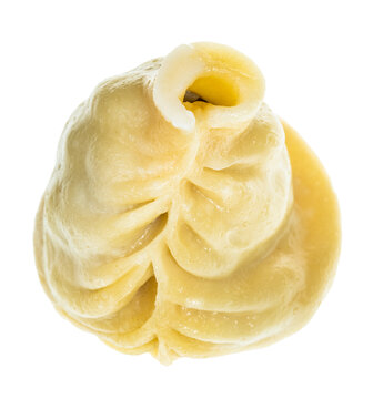 above view of single steamed Mongolian dumpling Buuz filled with minced mutton meat isolated on white background