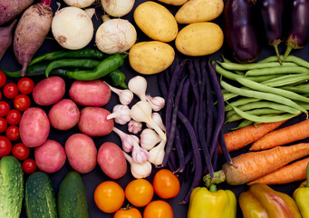 Flat lay composition with fresh vegetables.