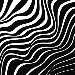 Abstract wavy zebra pattern with white lines. Optical art. Digital image with psychedelic stripes. Vector illustration. Ideal for prints, abstract background, posters, tattoo and web design