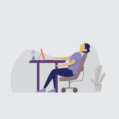 Vector illustration. Professional burnout syndrome, tired man worker sitting at the table. modern flat people character.