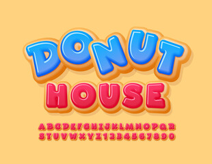 Vector tasty logo Donut House. Funny sweet Font. Delicious set of Alphabet Letters and Numbers