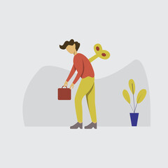 Vector illustration. Working men after working in the office, can not walk modern flat people character.