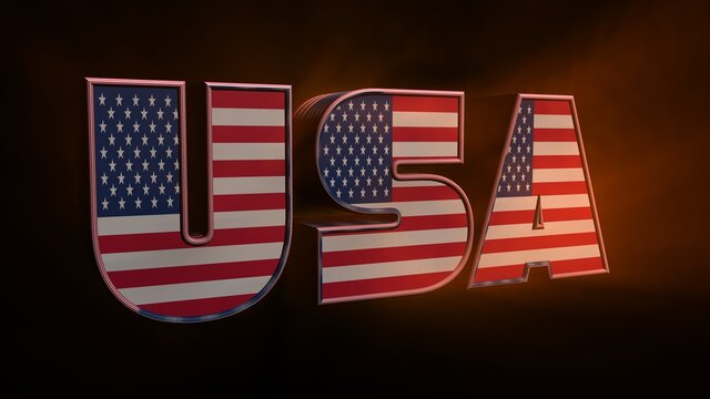 3D illustration USA text with American flag inside the text. 3d rendering on black background. USA flag in text. American flag in letters. National emblem. Patriotic illustration.