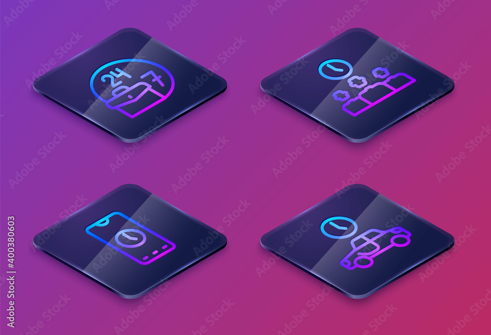 Poster set isometric line always busy, alarm clock app mobile, time management and to travel. blue square b