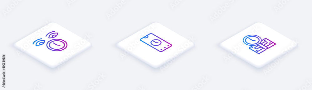 Sticker Set Isometric line Clock, Alarm clock app mobile and Time is money. White square button. Vector.