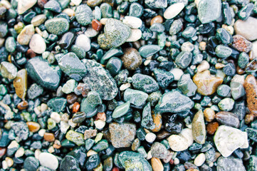 Colorful sea pebbles on the shore close up. Top view, flat lay. Abstract background texture, sea stones in water.