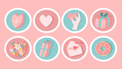 set of round vector stickers with Valentine's day symbols - hearts, gift boxes. stickers for laptop, phone, notebooks