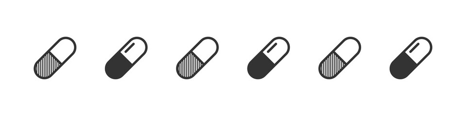 Vitamin capsules. Black pills concept. Vitamins icons on white background. Trendy style. Vector illustration